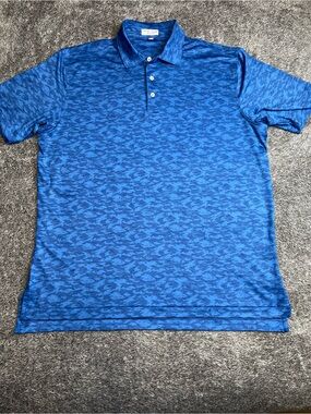 Peter Millar Summer Comfort Men's Blue Fish Print Polo Shirt Size Large